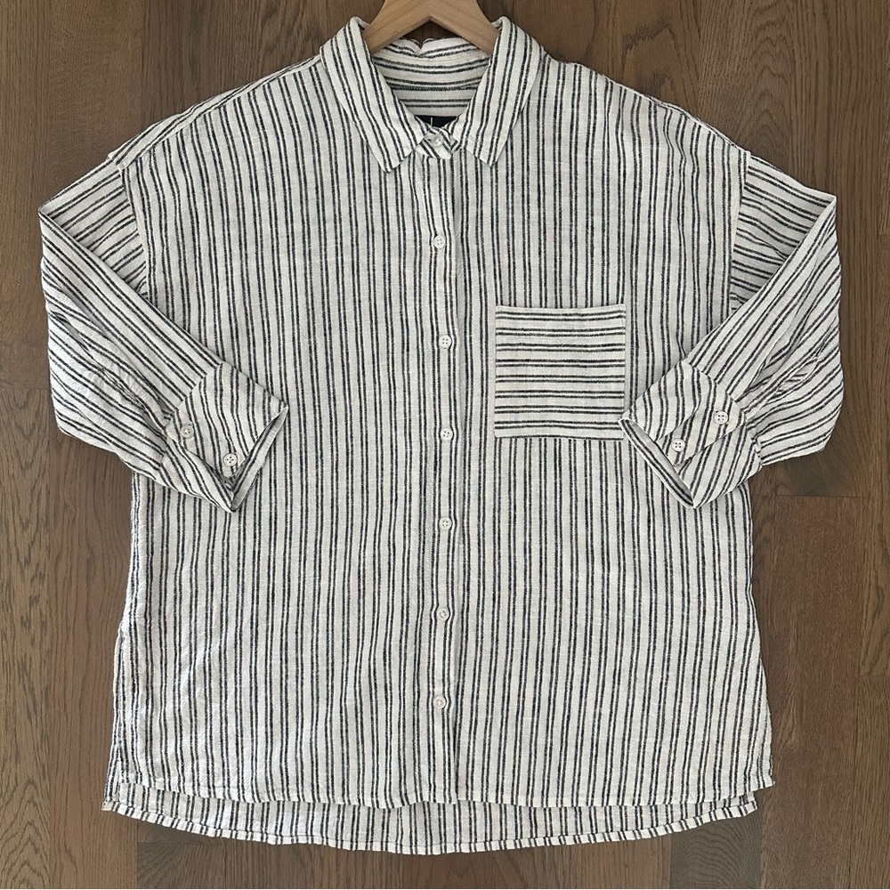 Jason Wu Linen Blend Collared Striped Button Front Shirt in White and Blue Small